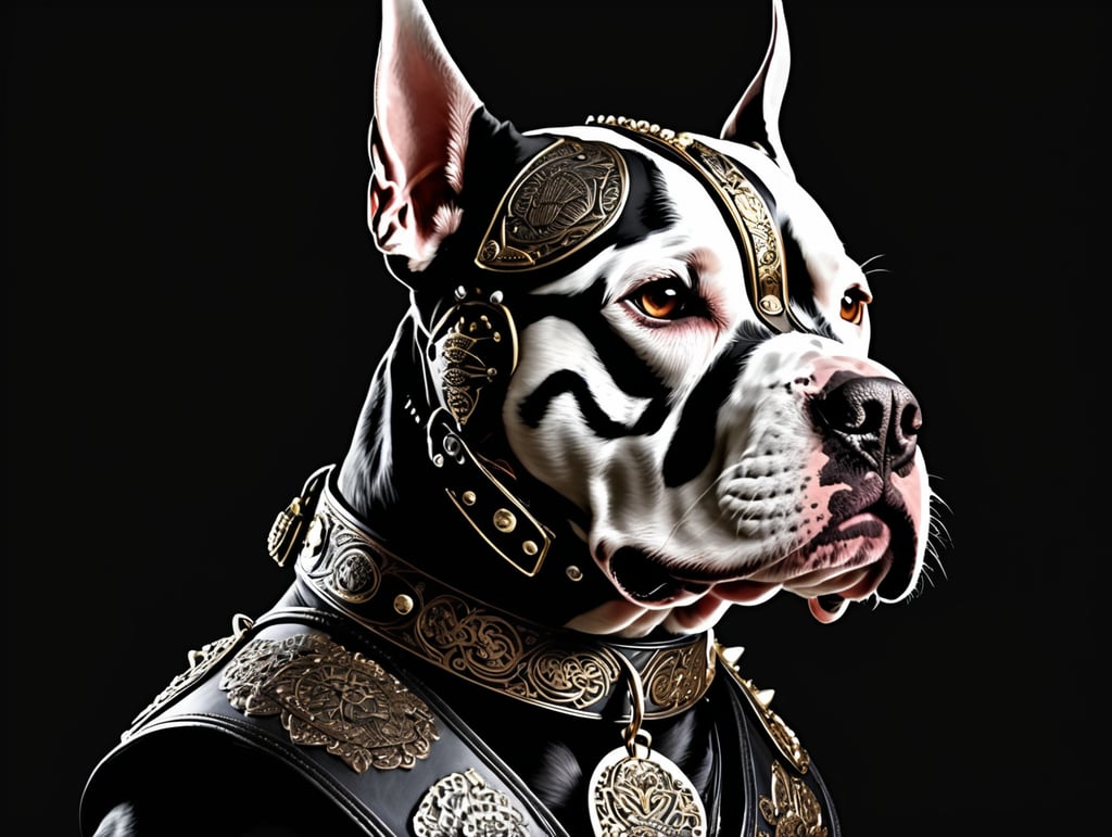 Pitbull with Samurai helmet and tribal harness, peak colar on a dark background