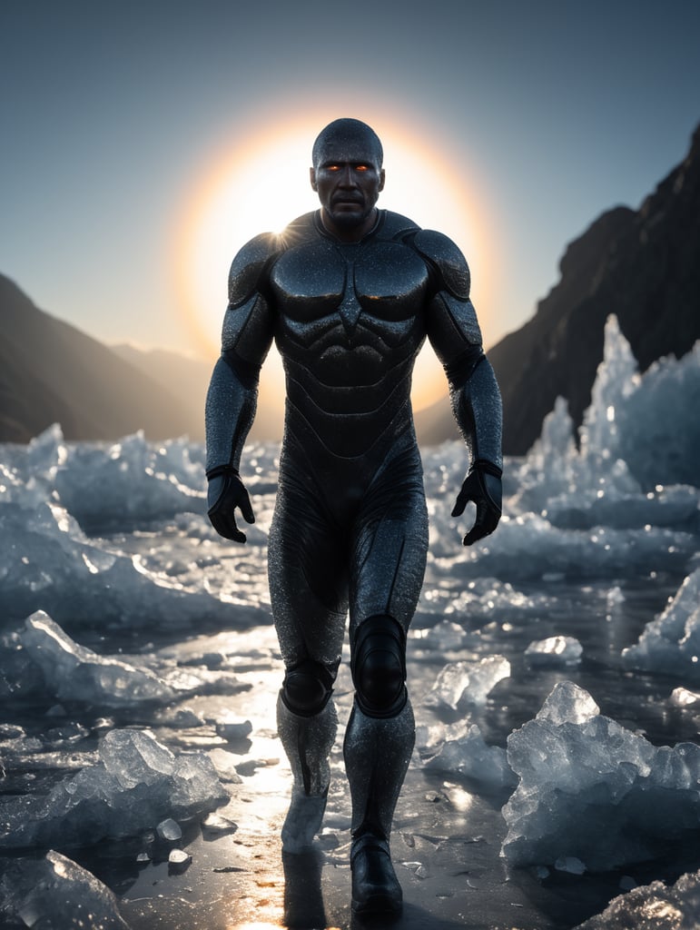 Translucent man made from the ice, walking on the surface of the sun