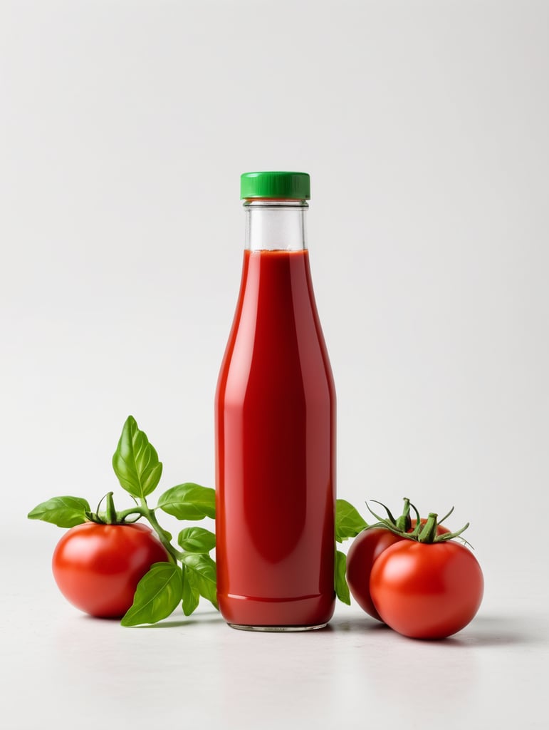 tomato ketchup bottle, red tomato with green leaves, isolated, white background, mockup