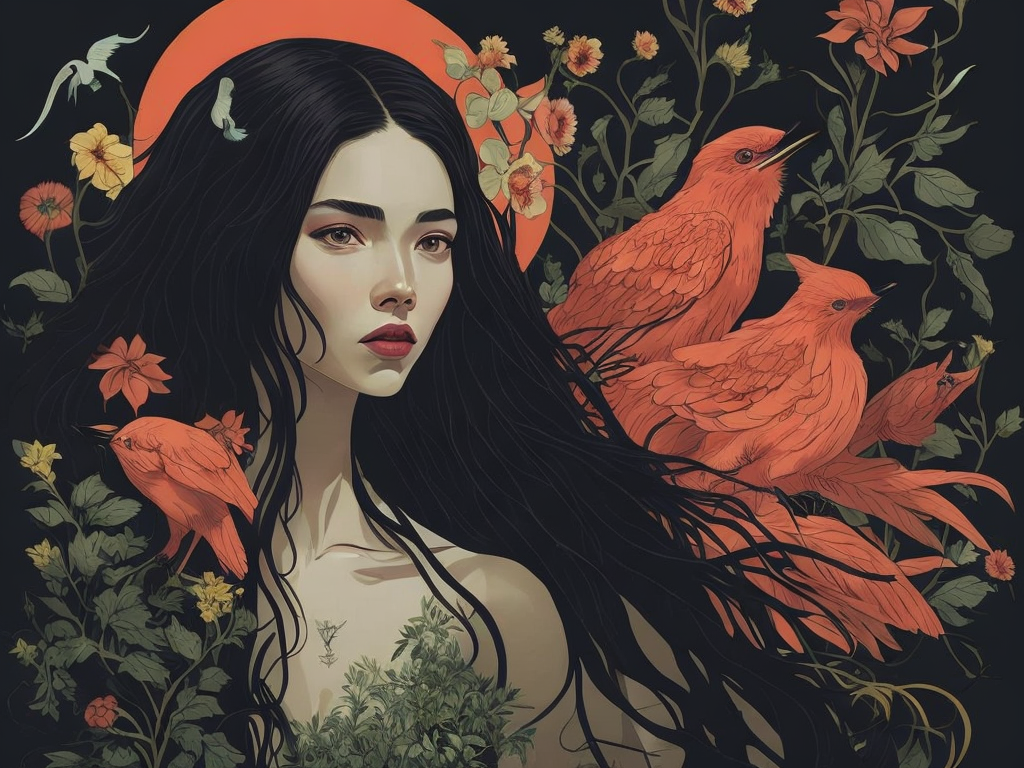 beautiful cute front portrait Korean ninfa, big long curly hair, herbs pastel colors, next to a green tree with red leabs, fliying yellow birds, flowers red by victo ngai, kilian eng, dynamic lighting, digital art, art by Takato yamamoto