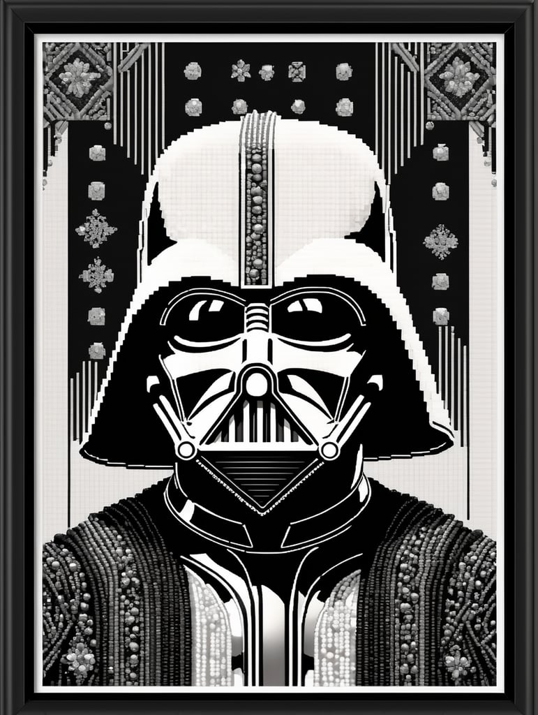 cross stitch pattern with Darth Vader in the style of fujifilm natura 1600, white and black, expressive comic panels, made of beads and yarn, craftcore, skillful, free brushwork