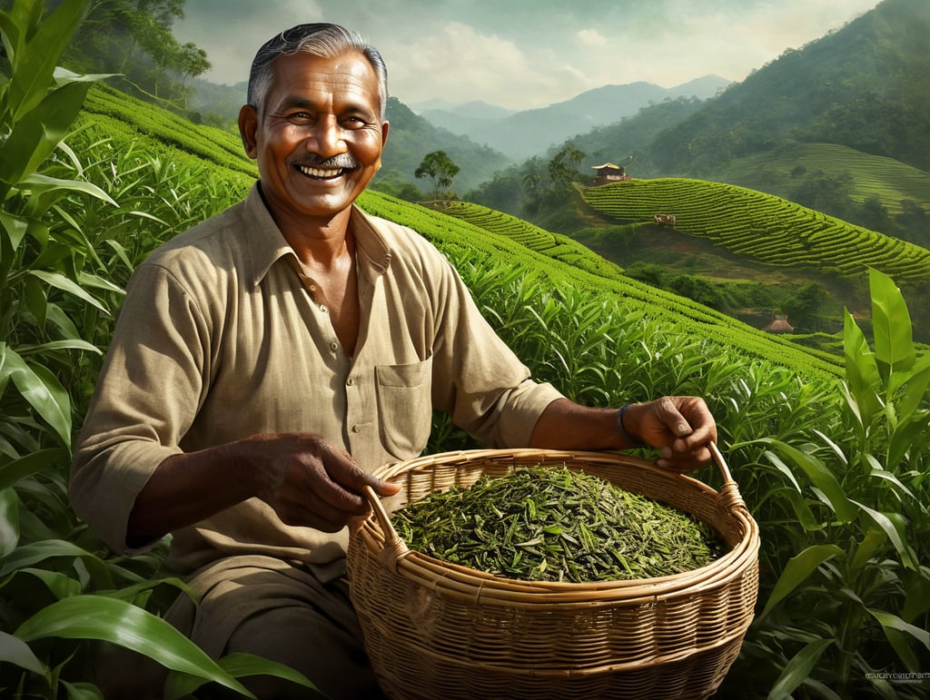 smiling Indian tea farmer holding green tea leaves in a bamboo basket in his hands, tea lover, farming life, tea harvest, tea leaves, tea plantation, fresh harvest, tea production, handcrafted tea, tea indulgence,