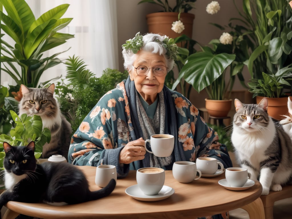 a grandma wearing oversized clothes and plants in her hair surrounded by lots of cats and coffee