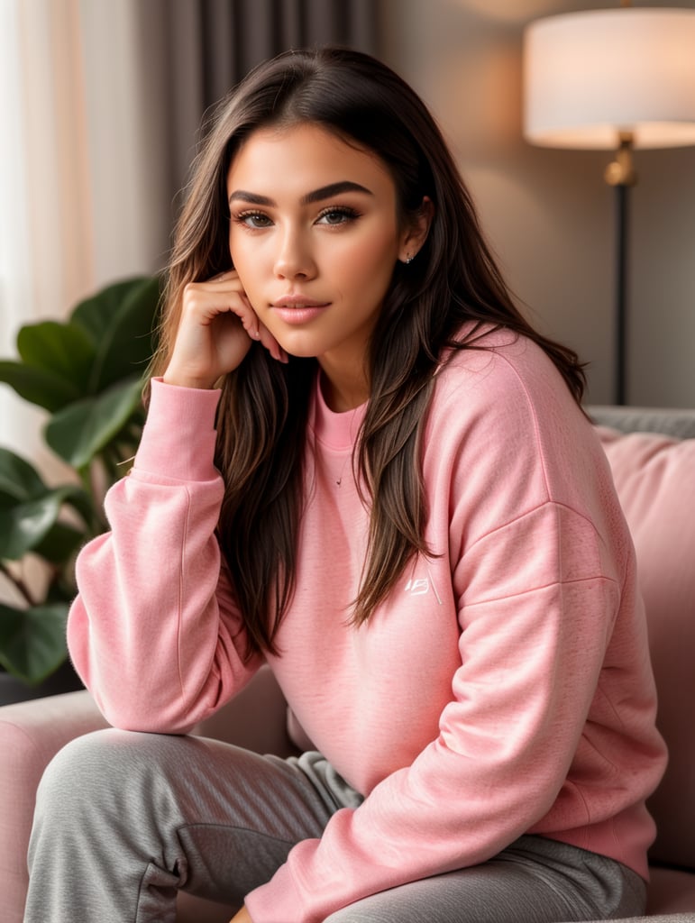 Madison beer , sitting down , wearing grey joggers , pink sweater , couch , high quality , looking at viewer