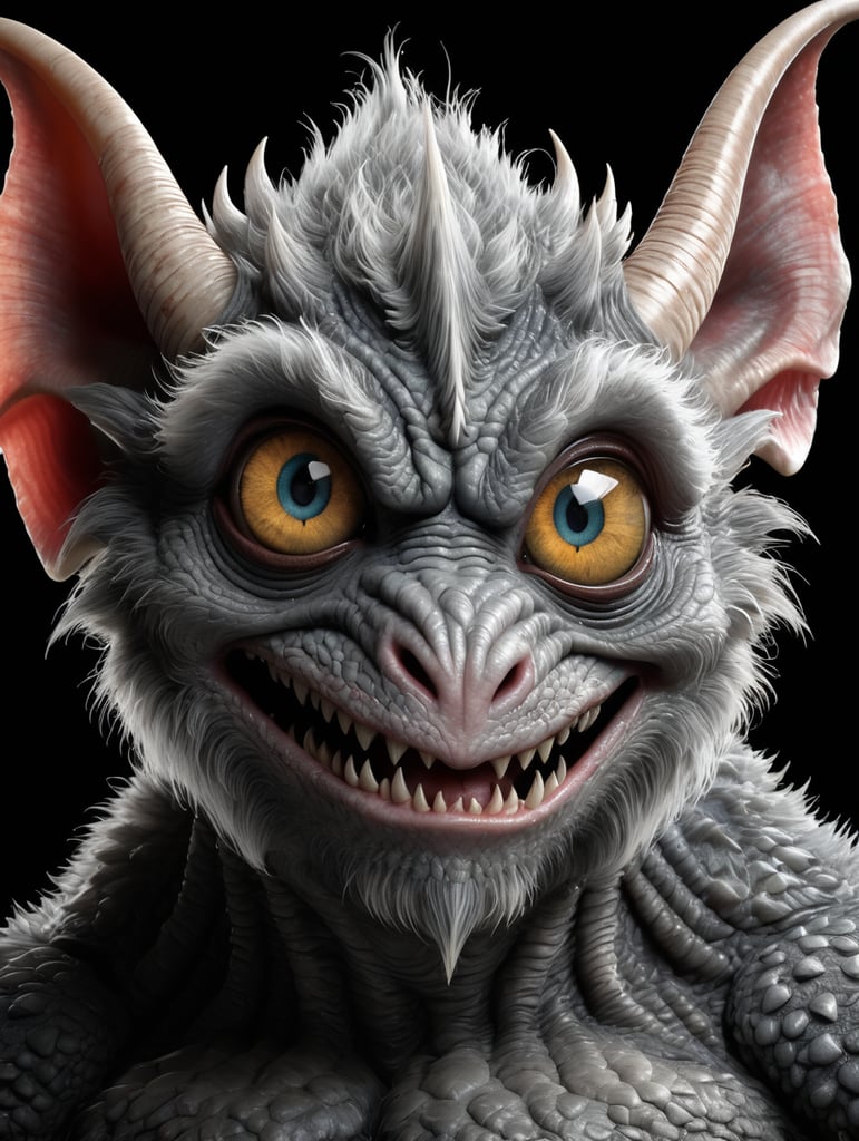 In the midst of a pitch-black background, a medium close-up reveals a charming grey monster with a multitude of endearing eyes. this realistic photograph showcases an incredible level of detail, inviting the viewer to marvel at the exquisite intricacies of the creature's features. the soft, faded photo adds a nostalgic touch to the already mesmerizing image, enhancing its visual appeal. with its adorable appearance and impeccable clarity in stunning 4k resolution, this remarkable image effortlessly captivates the audience's attention.