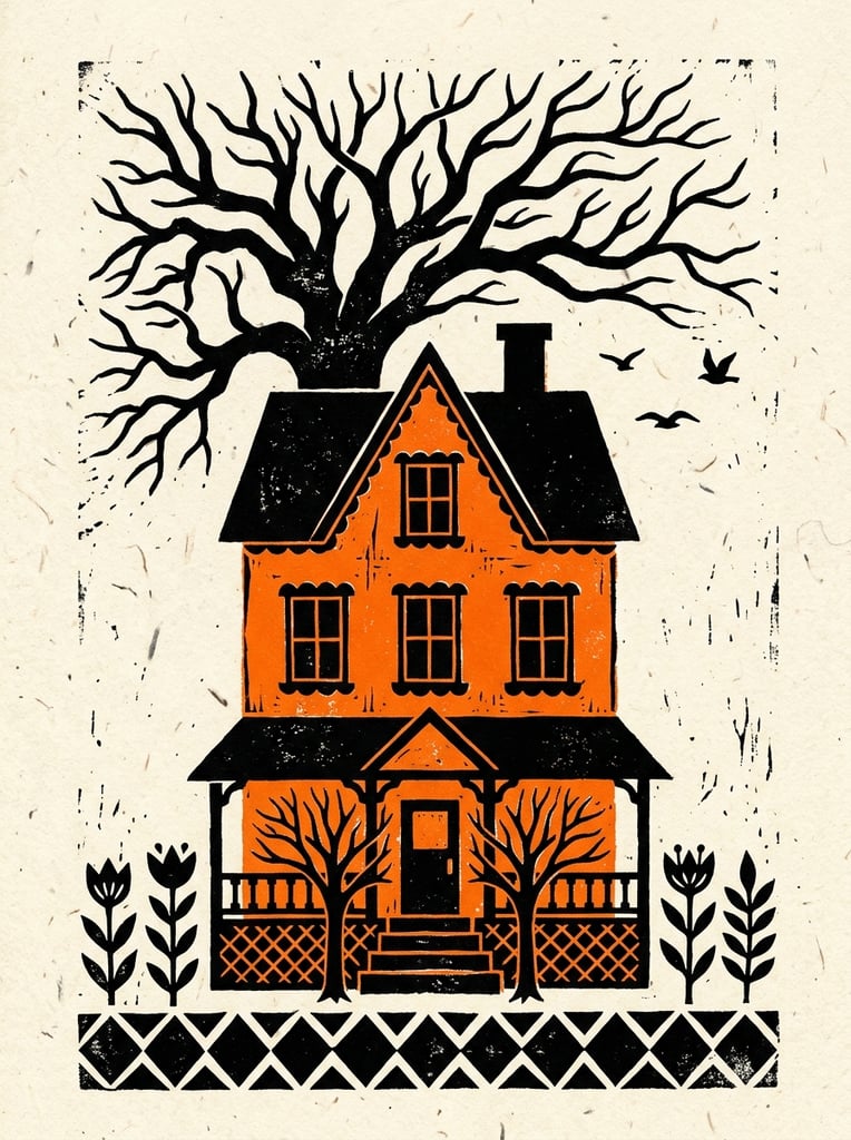 A linocut block print of a three-story house in high-contrast black and vivid orange on a cream background. The vivid orange walls feature black paned windows with scalloped trim, anchored by a solid black roof, porch overhang, and lattice base. A massive, bare-branched black tree silhouette rises behind the roofline into the cream sky, alongside three flying black birds. Two small leafless trees flank the central steps, resting above a geometric bottom border of jagged black diamonds and stylized plants. The illustration showcases bold, flat shapes and rustic hand-carved textures.