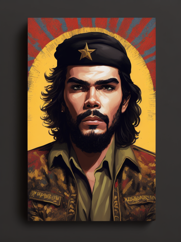 Portrait of Ernesto Guevara, known as Che Guevara, bright saturated colors, elegant, highly detailed, vogue, fashion magazine, sharp focus, bright expressive makeup, dramatic lighting, depth of field, incredibly detailed, blurred background