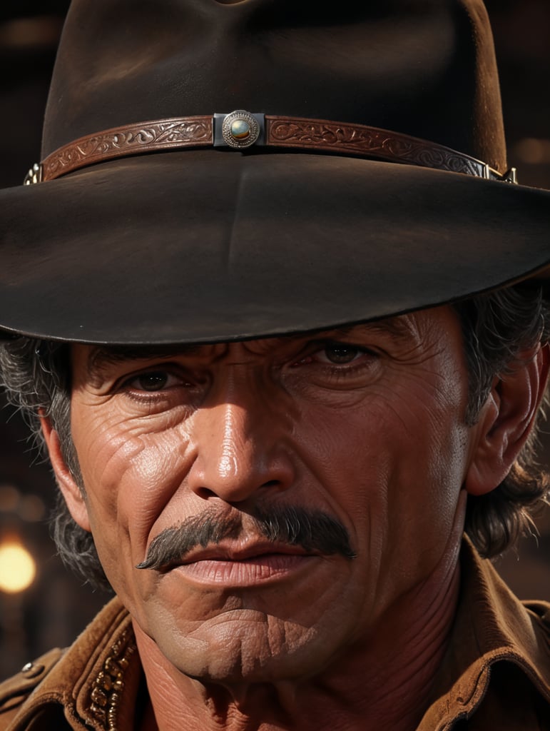 Charles Bronson, once upon a time in the West, close-up scene, cowboy hat, play harmonica, GTA-style