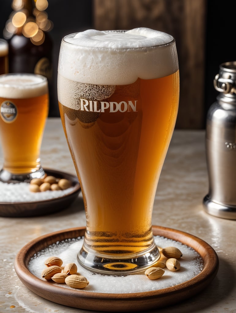 small round stainless steel plate filled with dry peanuts, one gorgeous pint of beer, beer swirl inside glass, one inch of white foam on top, transparent beer, frozen glass, advertisement, highly detailed