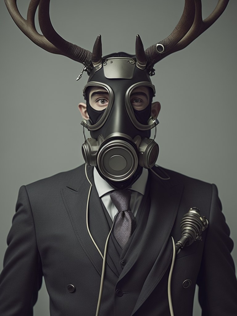 suit wearing people wearing gasmask and 12-point stag deer antlers protruding from the head : the mouth of the gas mask face is connecting to a respirator hose, postmodernist government archive portrait stanley kubrik wes anderson