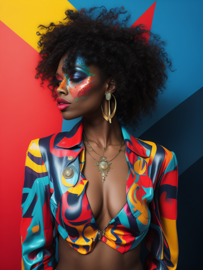 a model wearing spray-paint based makeup, in the style of eclectic pop-art, bold palette, glitterbox