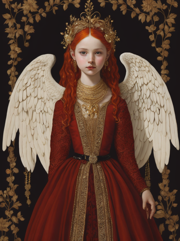 A young girl with golden wings in a red velvet dress with golden embroidery, beads, expensive lace, with red hair, jewelry from the 15th century in her hair, a dark background with trees and castles, the style of Lucas Cranach the Younger, medieval style