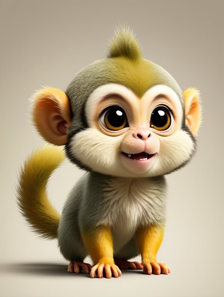 cute, fluffy, Central American squirrel monkey, full view, chibi style, disney style, cartoon style, pixar style, with background