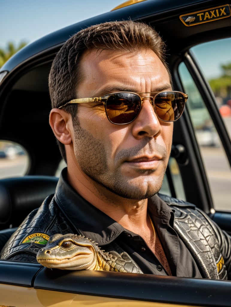 Alligator taxi driver, sitting behind the wheel of a taxi, close-up shot, sunglasses