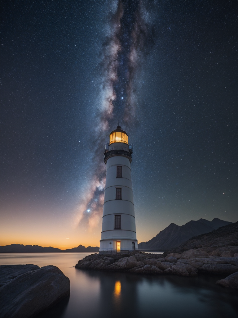 Saturn, milky way, mountains, soft colors, stars, highly detailed, under the water, lighthouse