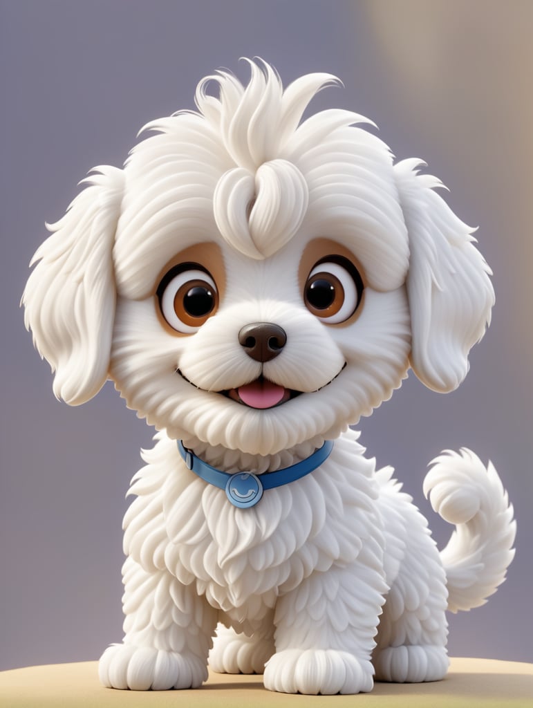 A smiling Maltipoo dog with one head, whole body, big Pixar-character kawaii style brown eyes in the style of a Disney Pixar 3d character