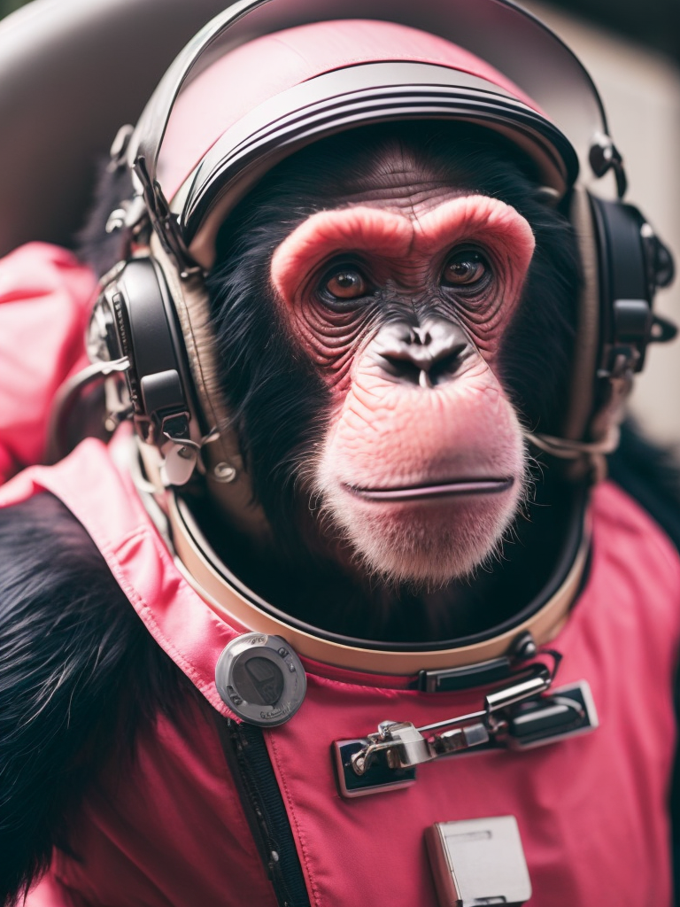 A chimpanzee going to space, wearing pink color astronaut suit, Vivid saturated colors, Contrast light, studio photo, professional photo, Detailed image, detailed face