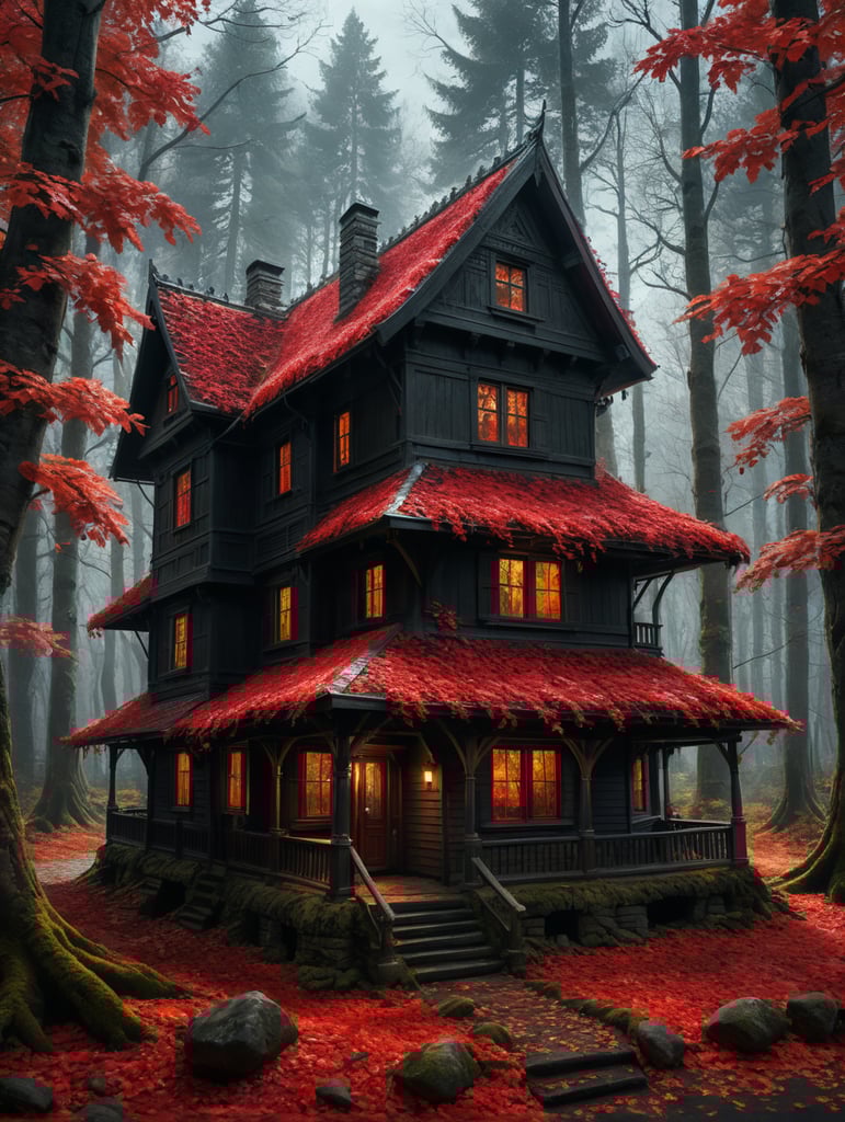 Atumn forest small wich house red leafs on the trees