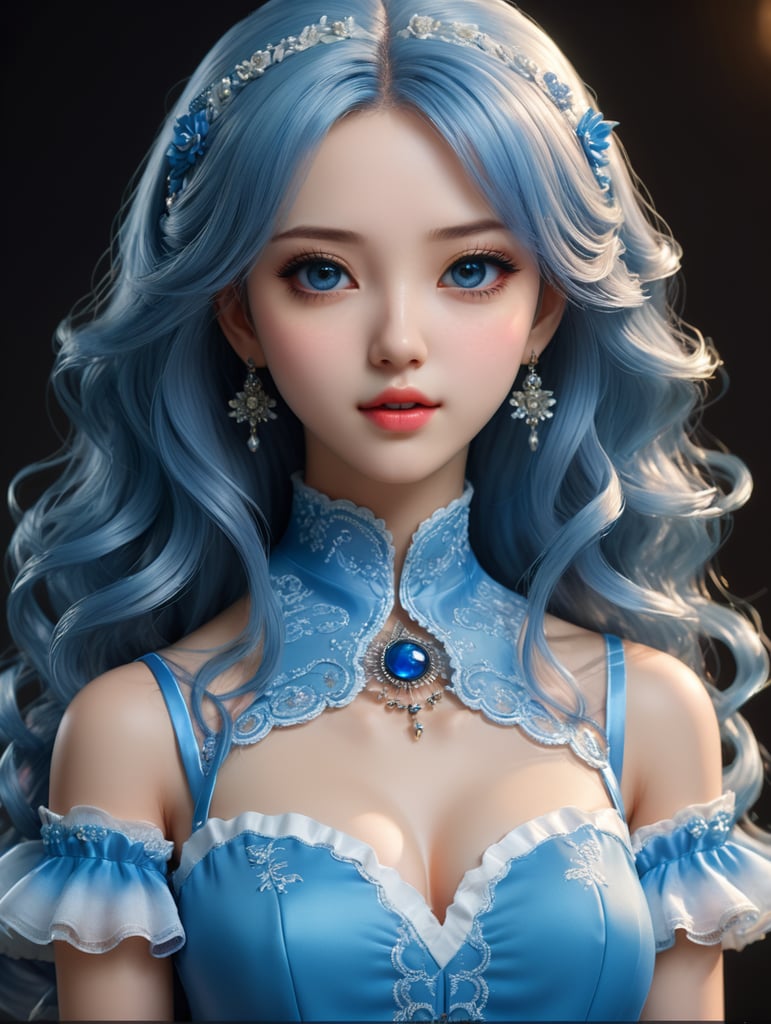 a woman in a blue dress posing for a picture, artdoll, anime barbie doll, ulzzang, korean idol, by Lü Ji, realistic cute girl painting, anime girl in real life, beautiful pale makeup, photorealistic anime girl render, white beautiful hair, ”beautiful anime woman, doll, korean girl, beautiful south korean woman, pale, female anime character
