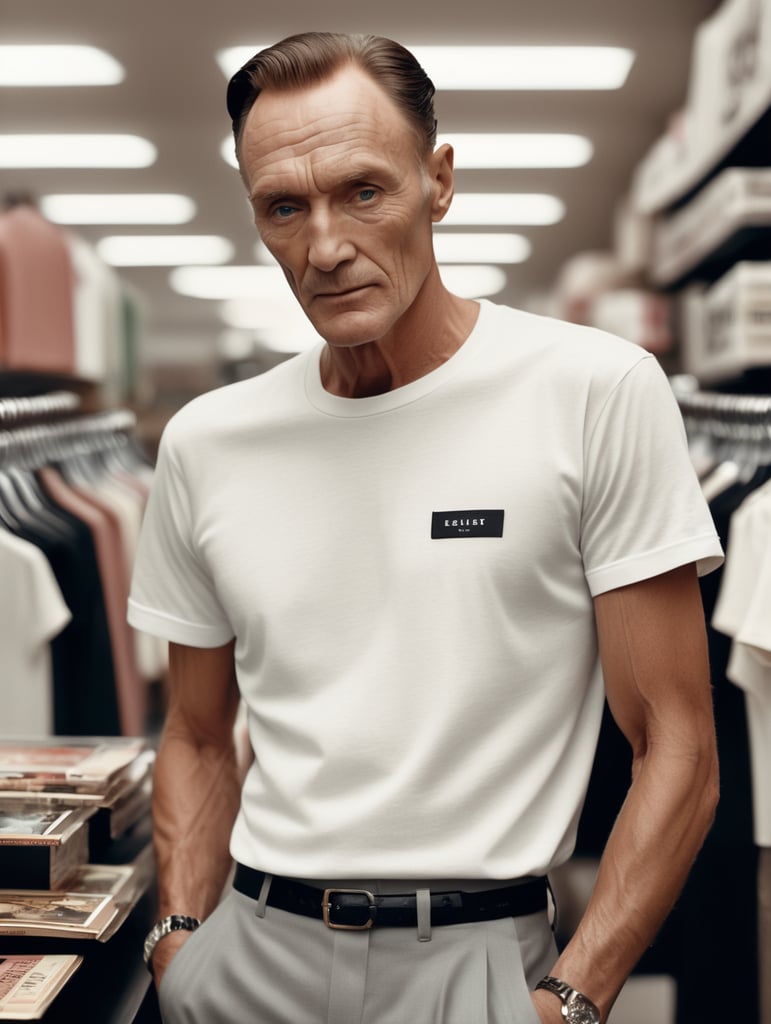 Extremely detailed photographic image, grained image, beautifully composed, monochrome image, 50's fashionable image, fashionable magazine photography, leica summicron 35mm f2.0, kodak 400tx, fashion photography, fashionable model, william s. burroughs, man wearing blank white T-Shirt in Clothing Store Mockup, mock up