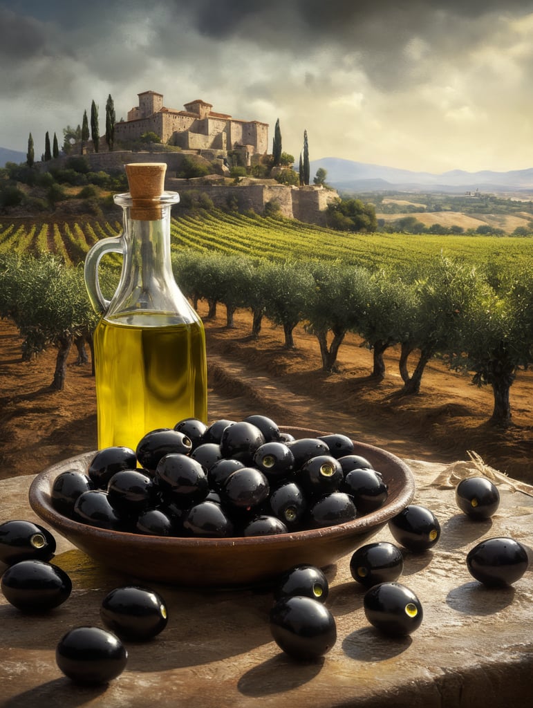 olive oil scene. black olives drizzled with oil and transparent bottles filled with olive oil. The olives should have the right texture, with a backdrop of an olive field with an ancient castle on the horizon.