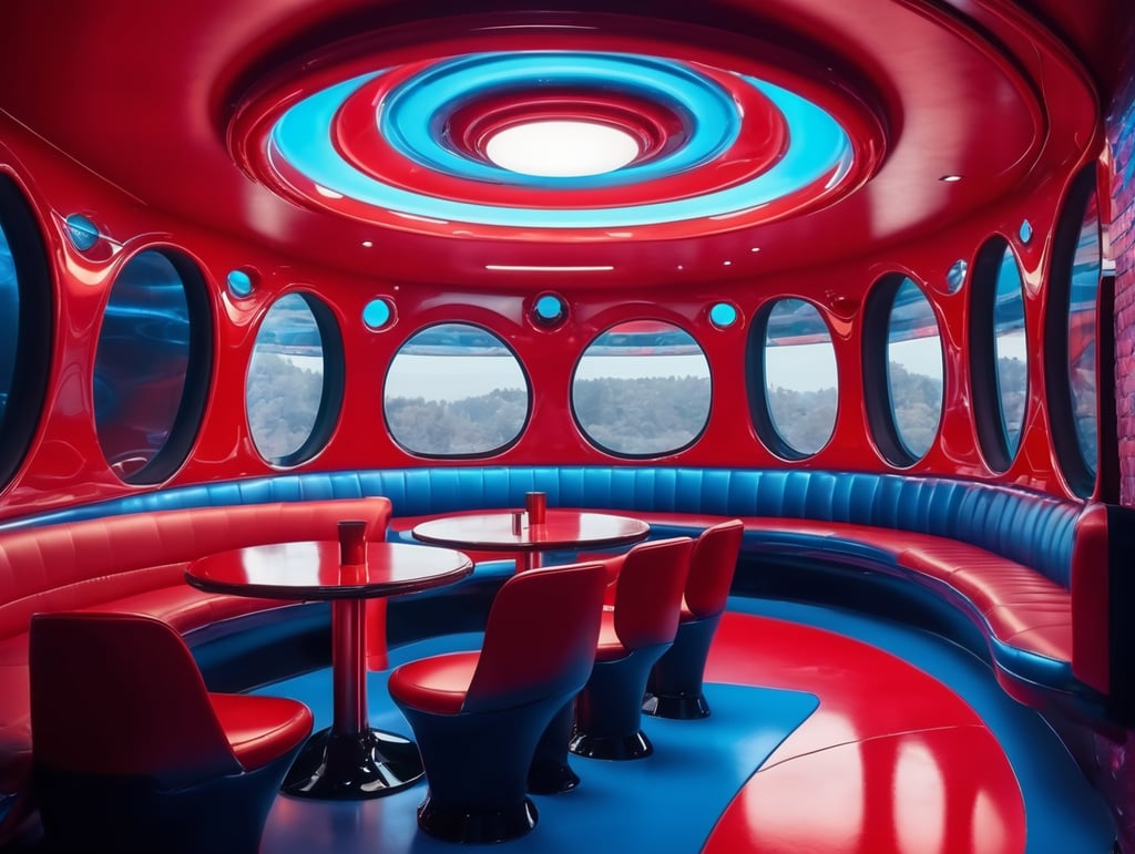 Futuristic interior of UFO cafe. Alien interior, red and blue tones