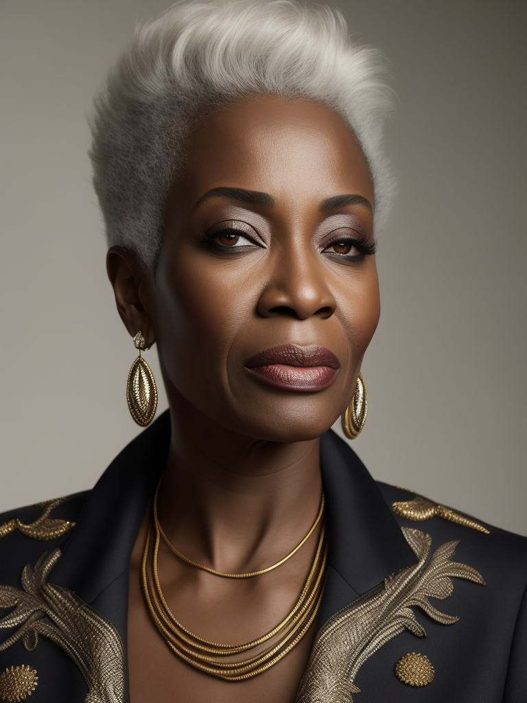 A 50yr old African supermodel with classic Chanel make-up and beautifully styled volume hair, beautiful pores and skin texture, detailed high resolution image, grey hair, Dior makeup, award winning fashion editorial image, soft lighting, gentle expression, she is content with her age
