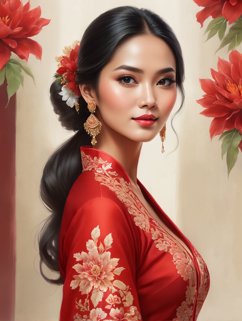 wanita cantik memakai kebaya merah