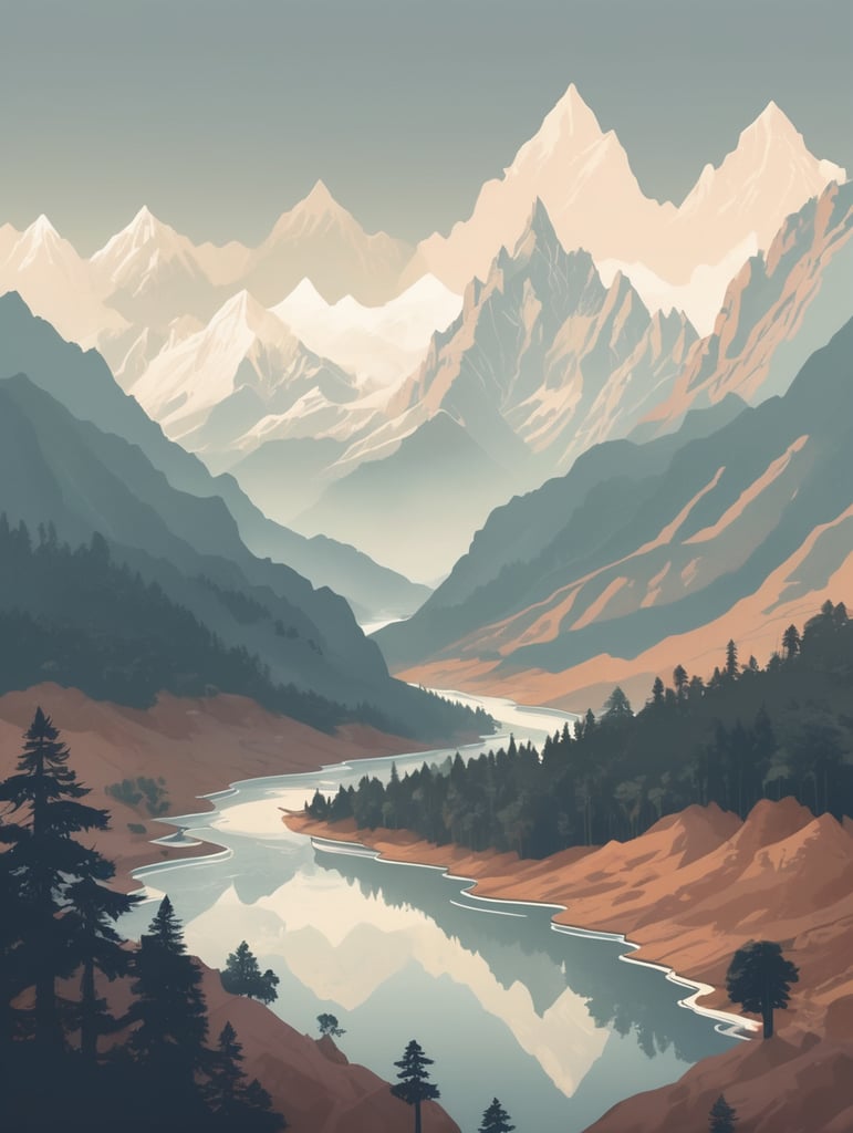 An epic landscape illustration inspired by the Romanticism art movement, showcasing majestic mountains in the shape of the Indian Map.