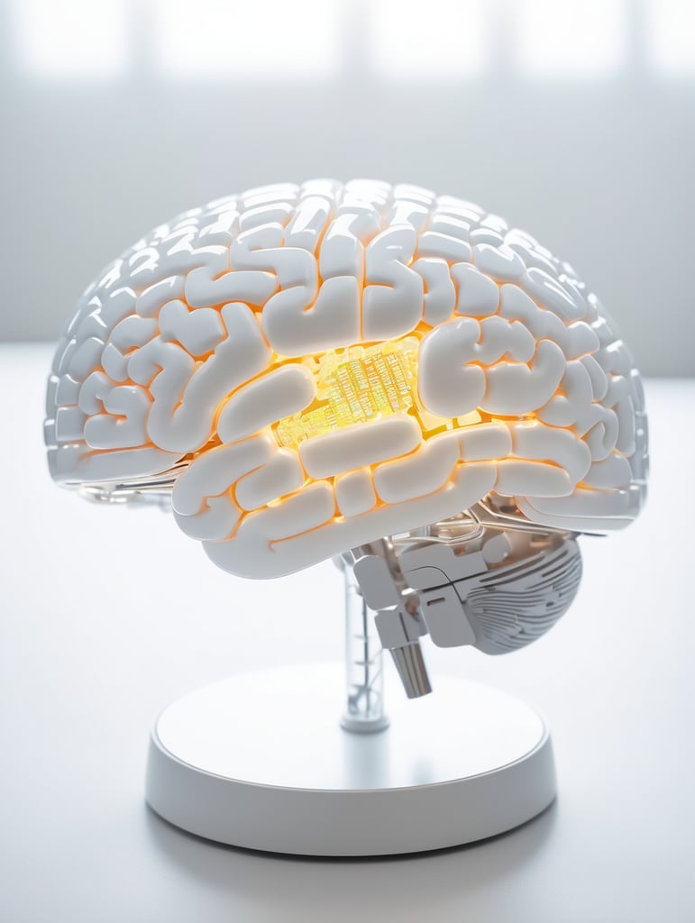 A brain made of polycarbonate with micro-chips and glowing led inside.