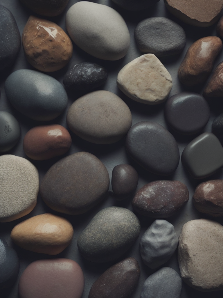 Texture of stones, pattern, background, top view, organic texture, seamless texture, scattered stones, gray and brown colors, deep colors, contrast lighting, voluminous stones, stones lie on top of each other, closely stacked stones