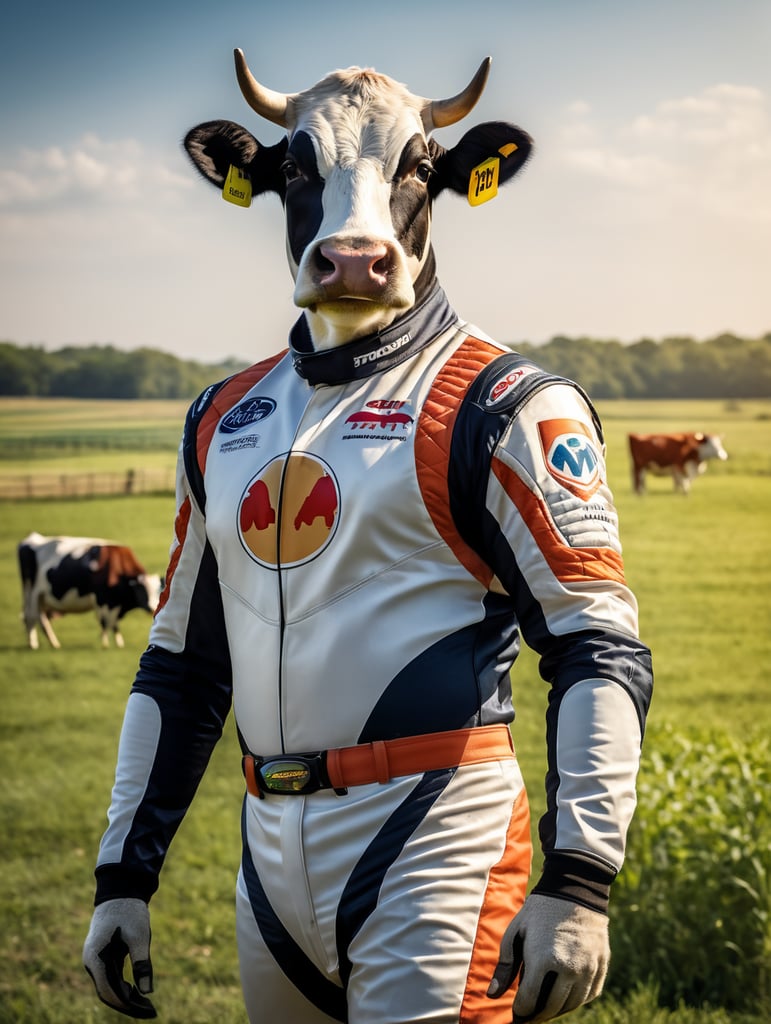 Draw a cow standing in a farm field. The cow is wearing an auto racing uniform, and the cow is wearing racing goggles.