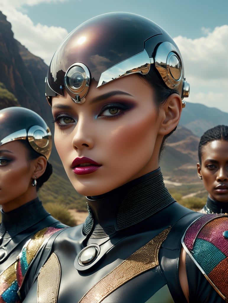 Ultra hd! realistic! marc jacobs fashion magazine photoshoot, futuristic fashion, various races of beings, most beautiful faces in the world, female posing, tight outfit, surreal landscape, photo in 80's fashion style, cinematic, surrealistic