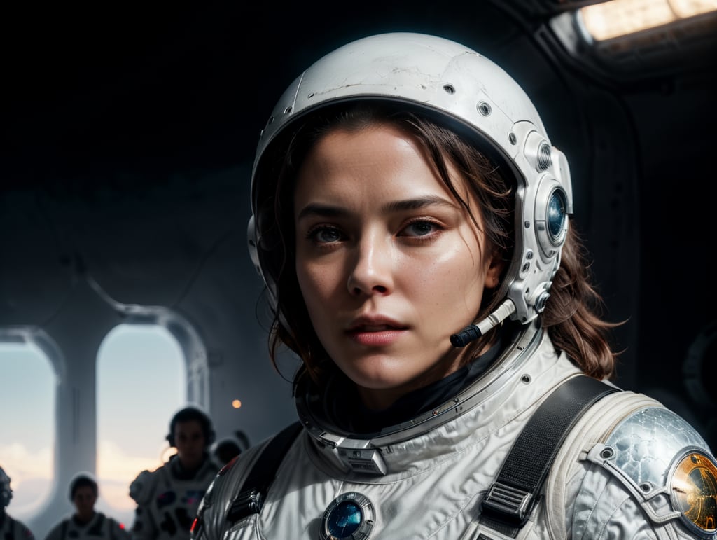 woman wearing white astronaut suit, bad sign with hand, not wearing astronaut helmet, background isolated on white