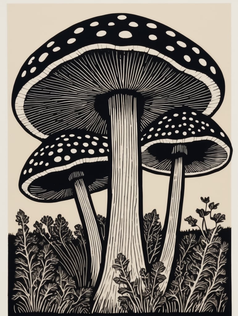 Black and white linocut or woodcut, mushroom, bold lines