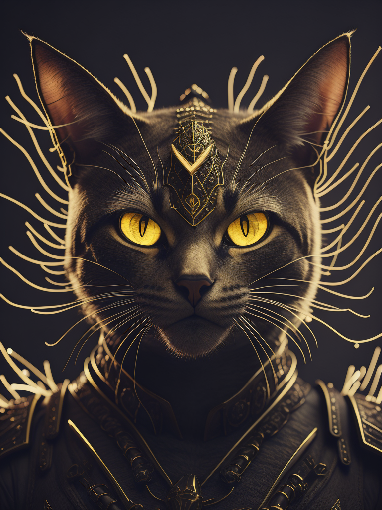 [anthropomorphism cat man], full body, glowing eyes, looking at viewer, dark fantasy demon, gothic cyber, horror egyptian mythology, mysterious golden metal wires, fractional shiny crystals, cult ritual, (masterpiece:1.2) :: (best quality:1.2) :: (intricate) :: (wallpaper), global illumination, ray tracing,