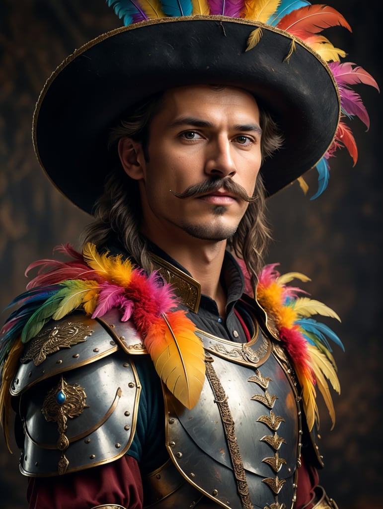 High resolution, high quality, high detail, soft lighting, cinematic lighting, realistic, DSLR, bokeh, studio quality, film grain, panorama, film grab of a young landsknecht wearing a large hat with colorful feather plumes, plate armor, black shirt, moustache, holding a very long sword, standing, simple background, 80s fantasy movie