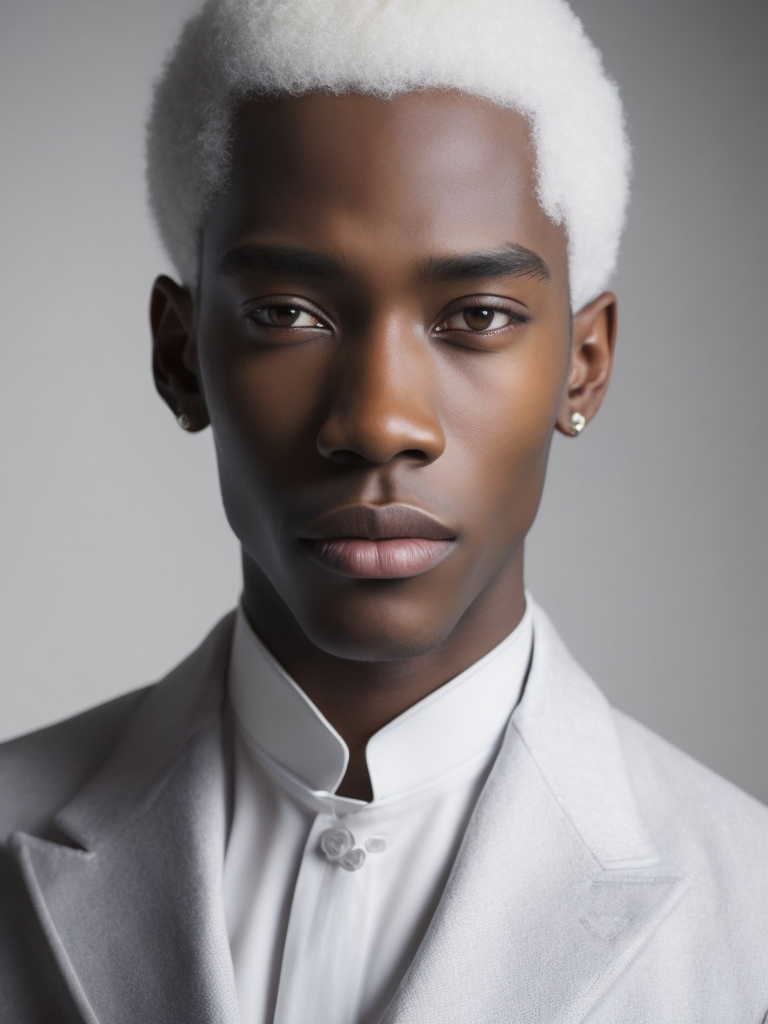 portrait of young man with black skin, short white hair, dressed in a tailcoat, intricate, elegant, highly detailed, digital painting, concept art, sharp focus, ultra realistic, Dramatic Lighting, Depth of field, Incredibly high detailed