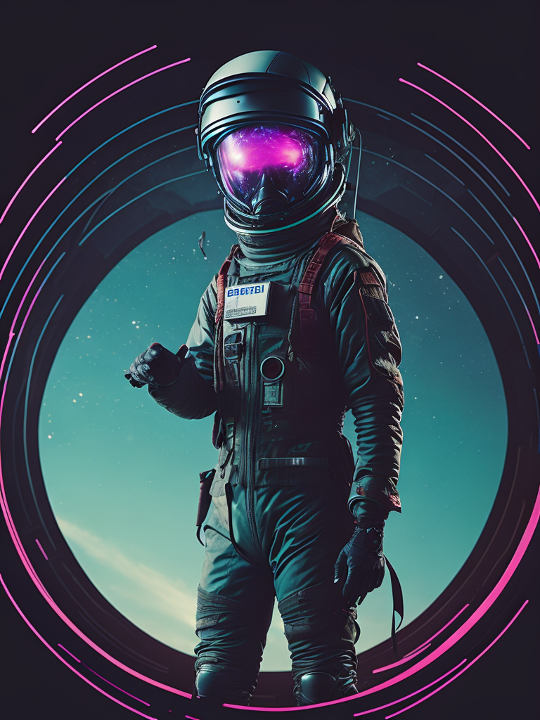 astronauta perdido en el espacio, con un halo de luz magenta que le traspasa el visor del casco, la imagen es de cuerpo completo retro futurista