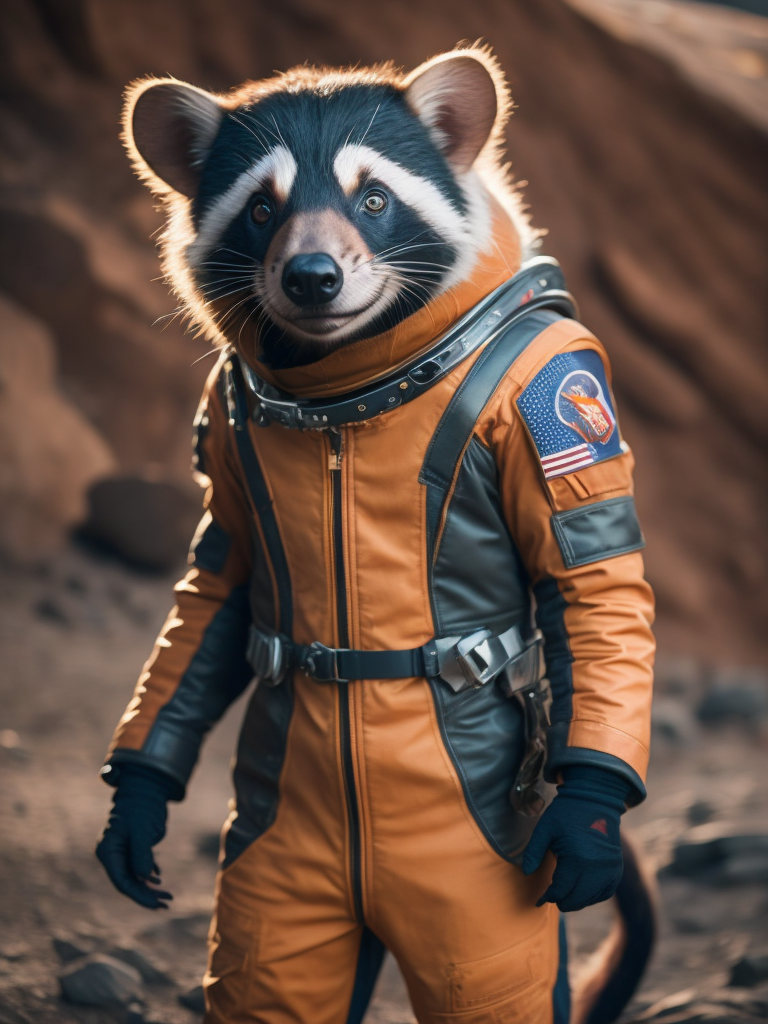 A Tasmanian devil like a Rocket Raccoon from Guardians of the Galaxy wearing astronaut costume on the Mars
