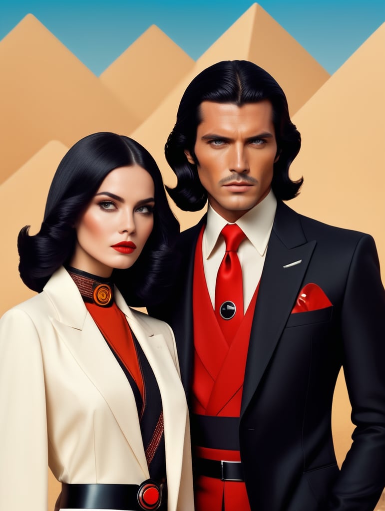 female and male fashion models 70's fashion portrait cover magazine "vogue" luxury vintage retro future sharp theme color wes anderson style Portrait of a woman with black hair, style of star wars giorgio armani suit hugo boss style, black red black sun symbol