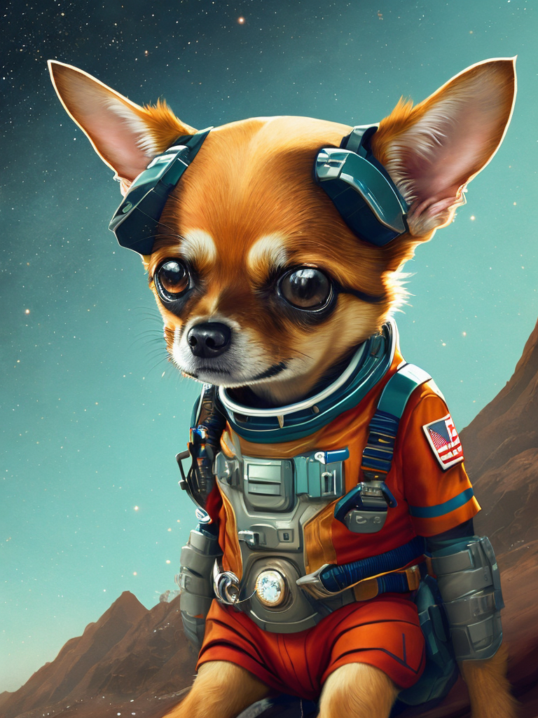 A Chihuahua like a Rocket Raccoon from Guardians of the Galaxy wearing astronaut costume on the Mars