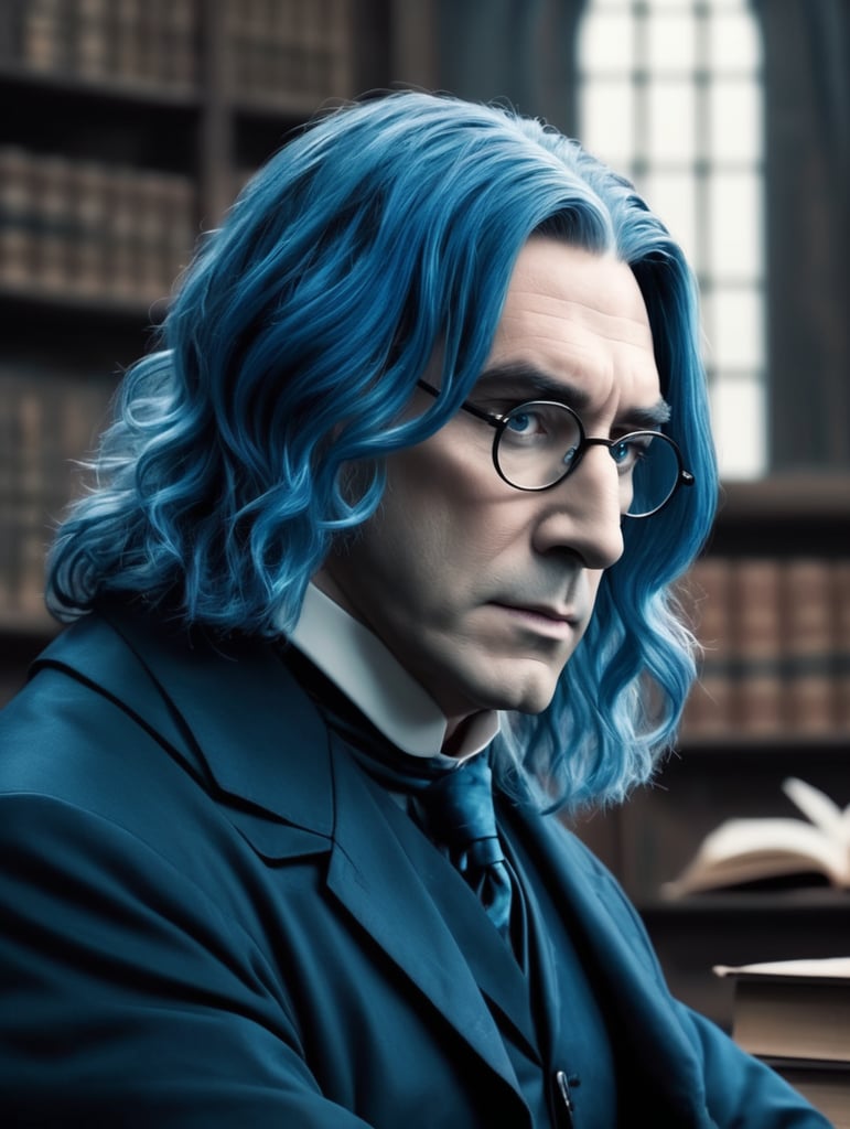 professor Snape from Harry Potter with blue hair, serious face teaching a lecture