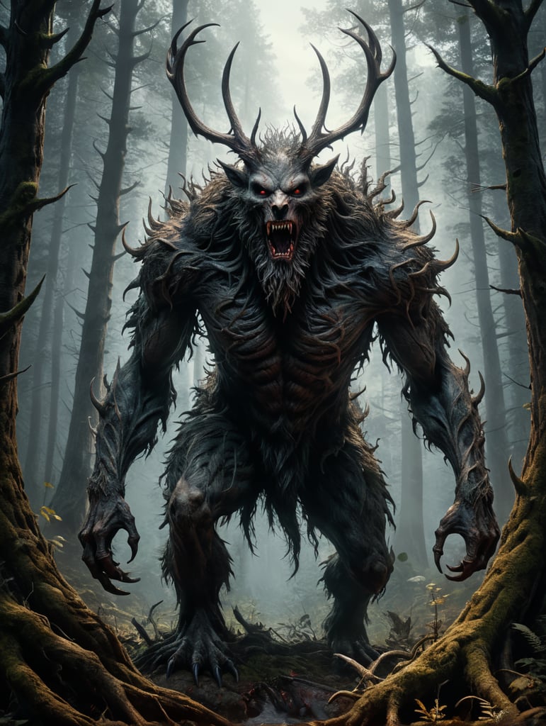 Horror movie creature, wendigo, dark forest background