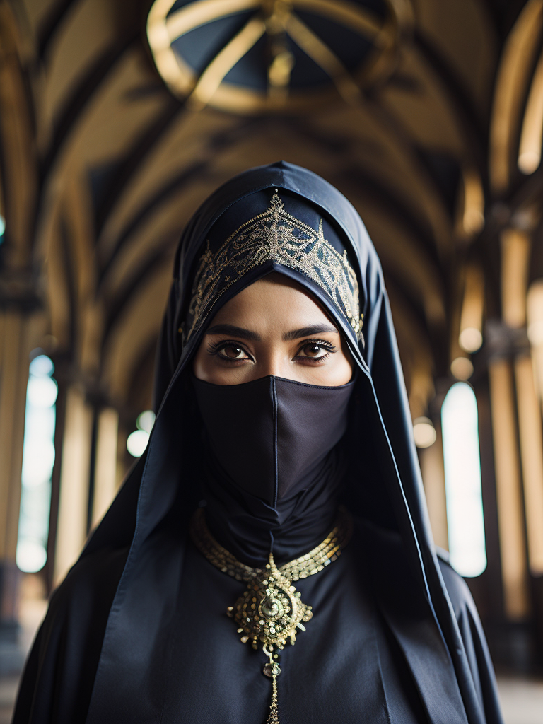 hyper-realistic, ultra-detailed photograph of indonesia white woman with arabic niqab fashion black cloak and some crows flying behind, Dark Renaissance ottoman mosque background, photo realistic, golden jewelry, dark, sunlight fractal details, depth of field, HOF, hall of fame, detailed gorgeous face, apocalyptic environment, natural body posture, professional photographer, captured with professional DSLR camera, trending on Artstation, 64k, ultra-detailed, ultra-accurate detailed, bokeh lighting, surrealism