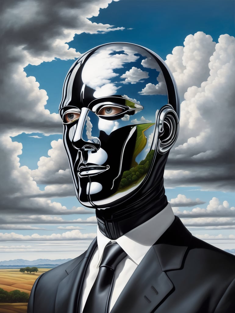 Portrait of a faceless reflective chrome - head man in a suit and black gloves, clouds and nature landscape in the background, by rene magritte, detailed painting, distance, centered, hd, high resolution, high detail,