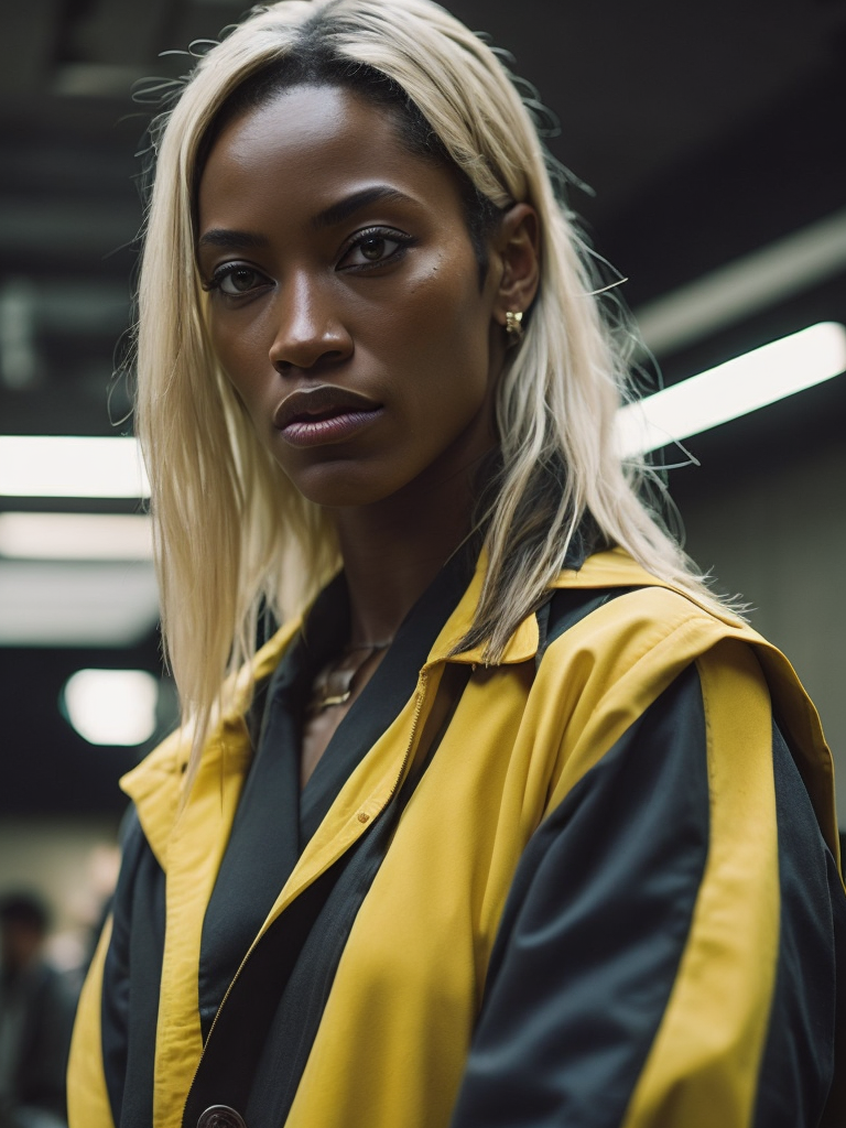 kill bill movie, a black women portrait wearing yellow robe, blood on her face