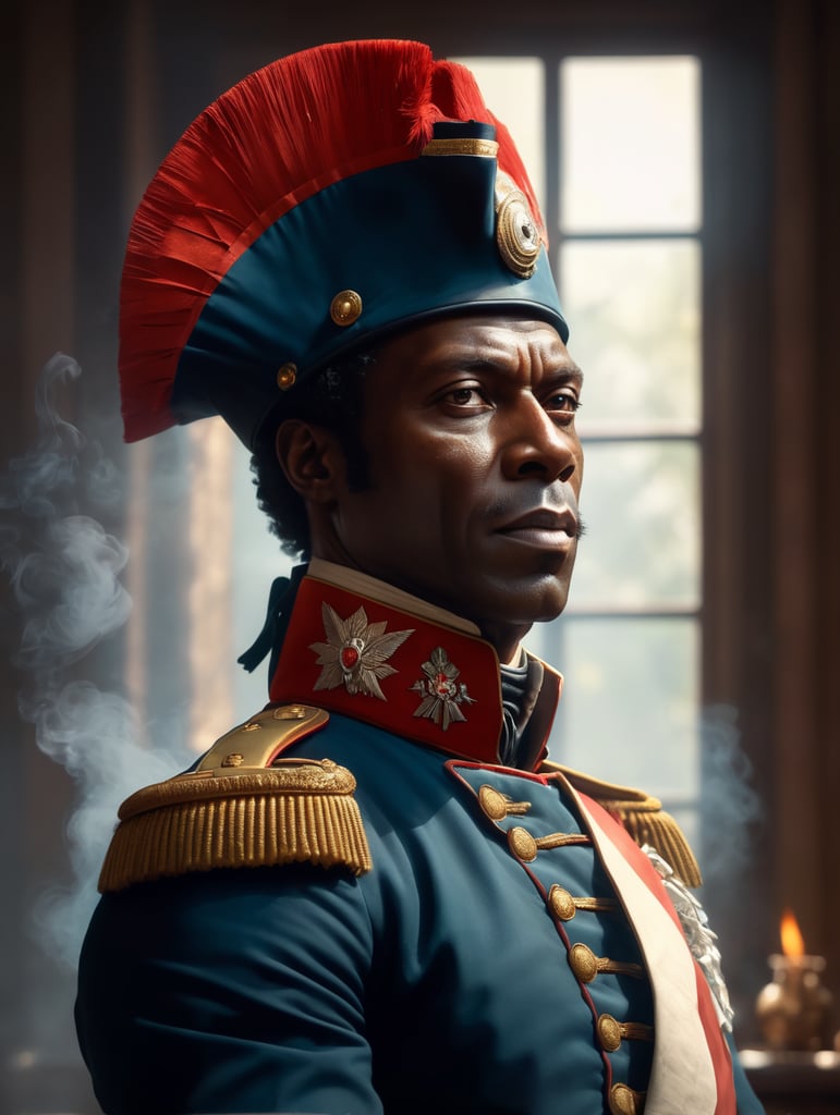 Toussaint louverture, haitian revolution general leader 1780's, facing camera, carne griffiths, wadim kashin, pascal blanche, rutkowski, repin. smoke, window, light rays, perfect anatomy, perfect face, perfect fingers, perfect composition, beautiful, detailed, intricate, octane render, 8k, soft natural light, chiaroscuro, masterpiece, award-winning, professional, anatomically correct, breathtaking, sharp focus, emitting diodes, smoke, sparks, artstation, detailed character design