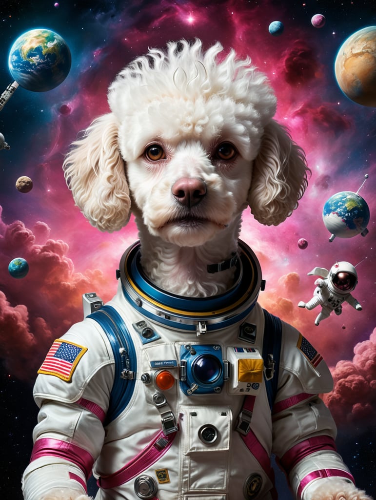 white poodle, space suit, earth orbit, funny dog, cheerful poodle pet in space, dog in pink space suit, poodle in orbit space adventure playful poodle, 1280x720 pixel scale