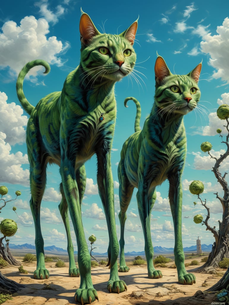 Green cats with very long, thin legs. Painted in the style of Salvador Dali. Blue sky.